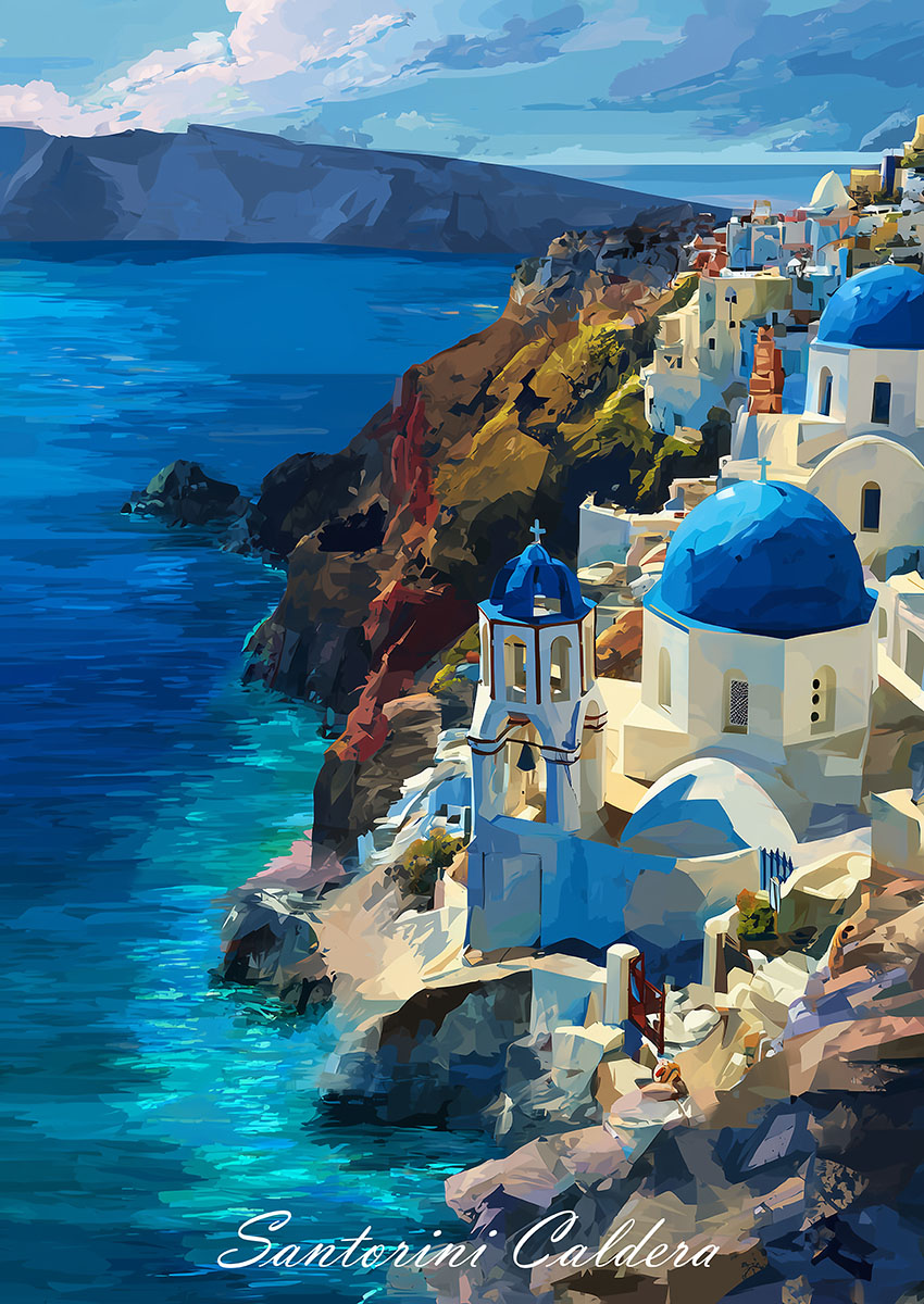 Artwork depicting a vibrant view of Santorini Caldera with blue domed buildings and the sea.
